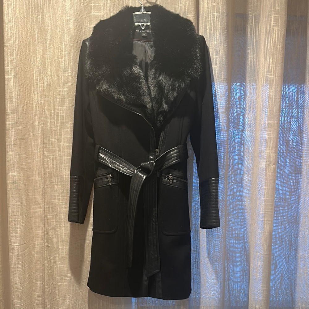 Via Spiga Black Trench Coat with Luxurious Fur Collar